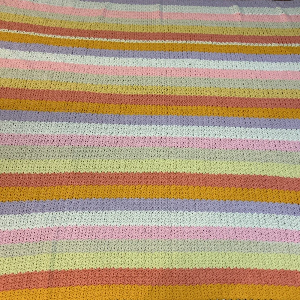 Handmade Multi Colored Striped Afghan Throw Blanket Scallop Edge Granny 72